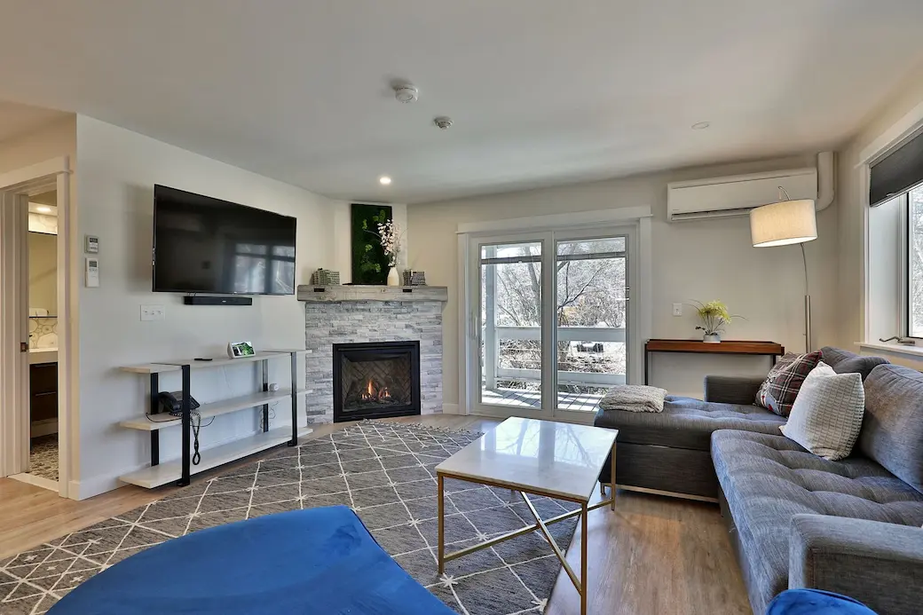 Mountain-holiday rental property's modern living room with fireplace and a view to the trees.