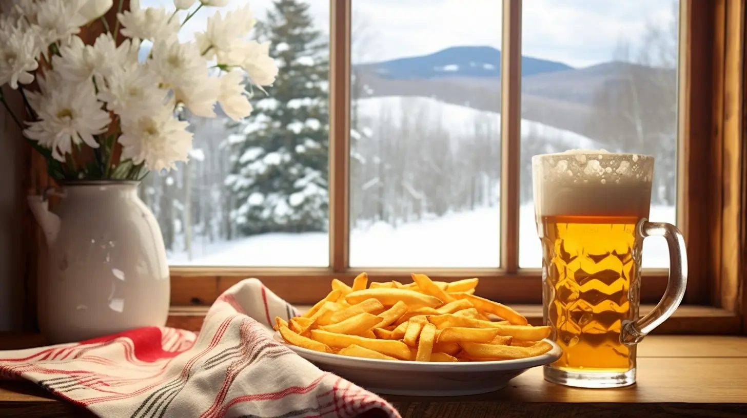 Beer, French fries, flowers and a window with a view of Killington, VT